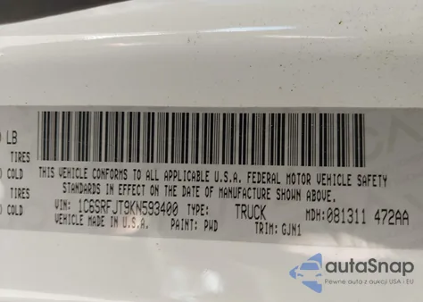 2019 Ram 1500 Laramie 4X4 5'7 Box z USA, uszkodzony, nr VIN 1C6SRFJT9KN593400